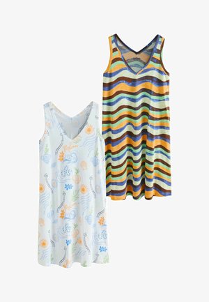 Kaks varrukateta V-kaelusega kleiti: üks valge värvikate suve-teemaliste mustritega, teine laineliste triipudega oranžis, sinises, rohelises ja pruunis.