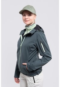 Jacke mit Reißverschluss in dunkelgrünem Stoff und hellgrünem Innenfutter. Ausgestattet mit einer Kapuze, Reißverschlusstaschen und einer Tasche am Arm mit Branding.