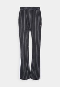 Schwarz-weiß gestreifte Hosen mit elastischem Bund, ausgestattet mit einer kontrastierenden weißen Seitenblende und einem kleinen Logodetail an der Hüfte.