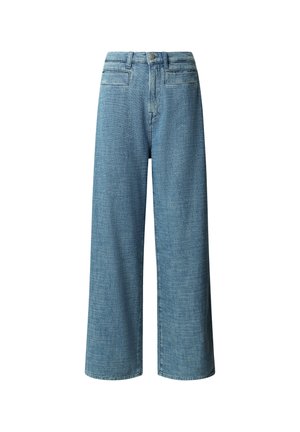 Wide-leg blue jeans made from denim, featuring a textured surface, five pockets, a zip fly, and a classic waistband with a metal button.