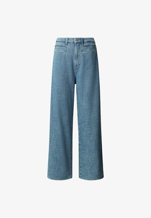 Wide-leg blue jeans made from denim, featuring a textured surface, five pockets, a zip fly, and a classic waistband with a metal button.