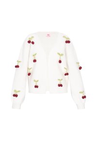 Witte cardigan met een diepe V-hals, voorzien van gebreide kersenmotieven in tinten van rood en groen, en een ribbeltextuur op de mouwen.