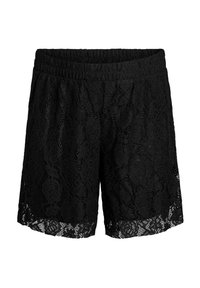 Pantaloni corte in pizzo nero con motivo floreale, vita elastica e orlo scallop. Tessuto leggero e design trasparente per una buona traspirabilità.