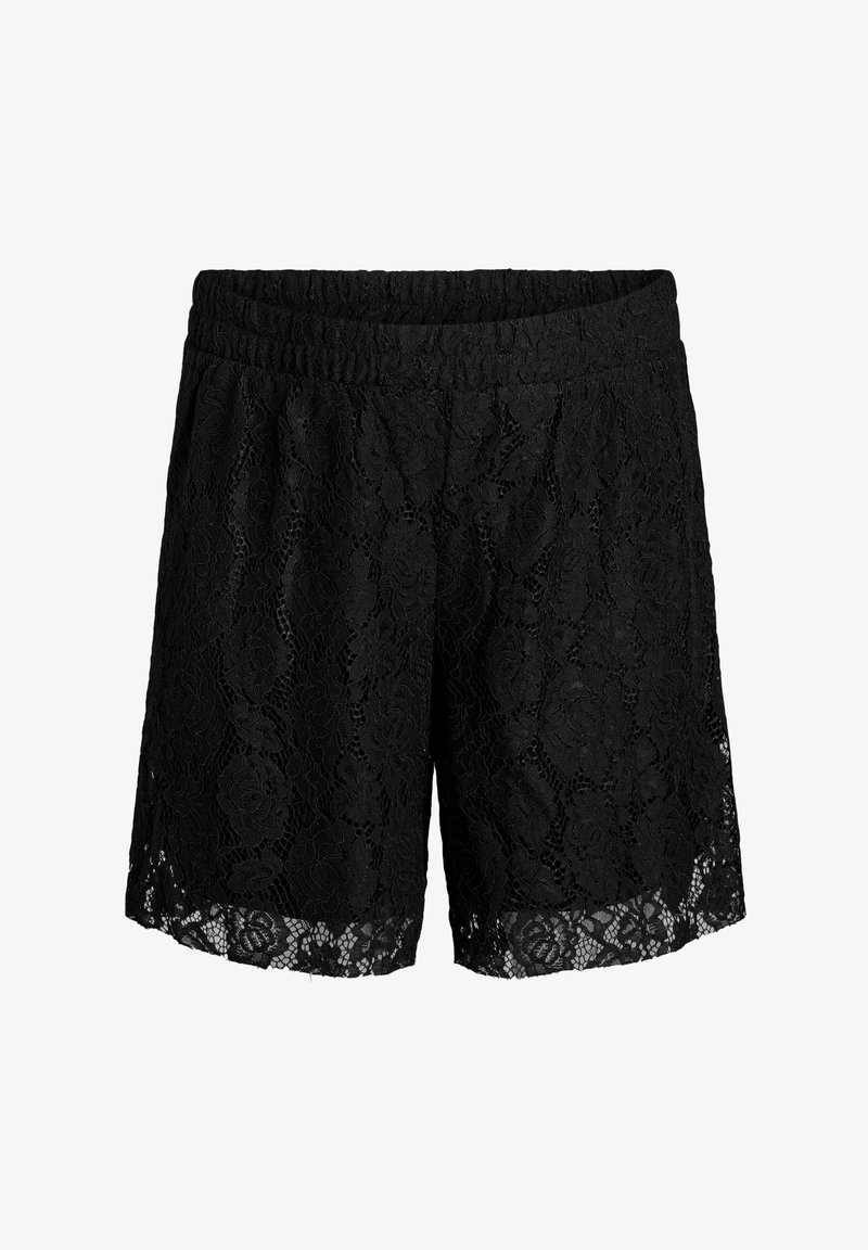 Zwarte kanten shorts met een bloemenpatroon, een elastische tailleband en een gekartelde zoom. Lichtgewicht textuur en doorschijnend ontwerp voor ademend vermogen.