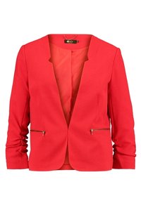 Blazer rosso con tessuto texturizzato, apertura frontale, revers semplici e due tasche laterali con zip. Presenta maniche lunghe e una fodera interna liscia.