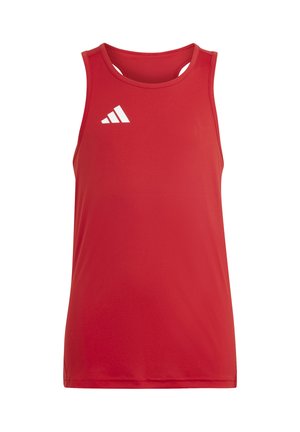 Débardeur de sport rouge sans manches avec un logo Adidas blanc sur la partie supérieure gauche de la poitrine et un dos nageur.