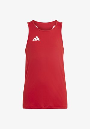 Débardeur de sport rouge sans manches avec un logo Adidas blanc sur la partie supérieure gauche de la poitrine et un dos nageur.
