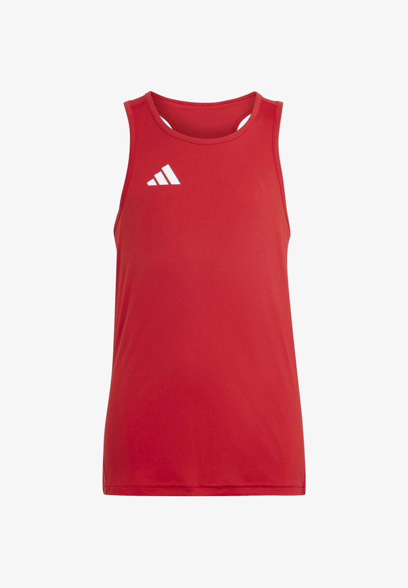 Débardeur de sport rouge sans manches avec un logo Adidas blanc sur la partie supérieure gauche de la poitrine et un dos nageur.