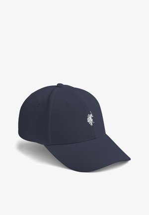 Marineblå baseballkasket lavet af bomuldsblandet stof. Har en buet skygge og et hvidt broderet logo foran. Glat tekstur, justerbar rem.