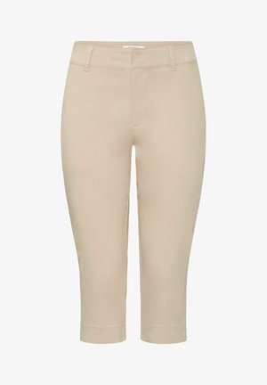 Beige cropped-housut sileällä pinnalla, joissa on etutaskut, vyölenkit ja suora lahjemuoto. Minimalistinen ja monipuolinen tyyli.