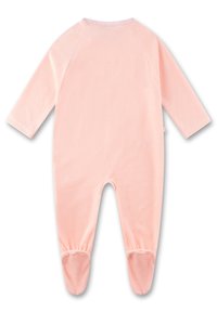 Rosa Babystrampler aus weichem Stoff mit langen Ärmeln, Fußdesign und Raglanärmeln. Glatte Textur und schlichte Schnittführung.