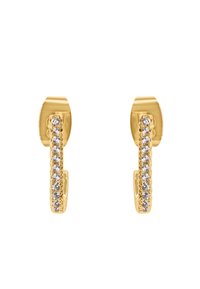 Orecchini oro con un design verticale caratterizzato da una fila di strass trasparenti incastonati in un canale liscio lungo il bordo anteriore.
