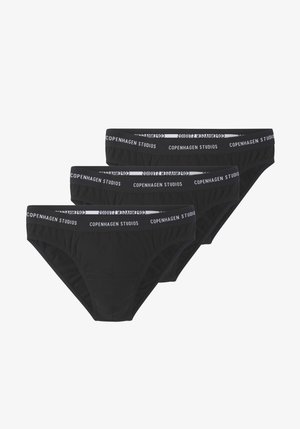 Calcinhas de algodão pretas com faixa elástica apresentando o texto "Copenhagen Studios". Três pares exibidos, com detalhes de costura franzida.