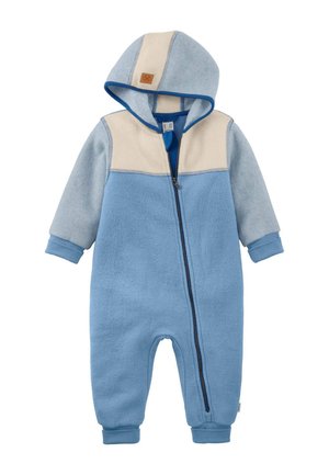Blauwe en beige baby-overall van fleece met capuchon, lange mouwen, manchetten en een ritssluiting aan de voorkant die loopt van de nek tot het been.