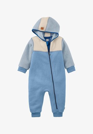 Blauwe en beige baby-overall van fleece met capuchon, lange mouwen, manchetten en een ritssluiting aan de voorkant die loopt van de nek tot het been.
