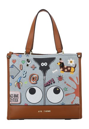 Light blue and brown handbag with large cartoon eyes, colorful doodles, and a small dog illustration, two brown handles, and "EYE THEME" text.