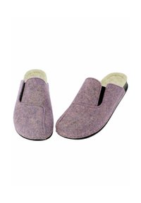 Lila Filzschuhe mit weichem cremefarbenem Innenfutter, im Slip-On-Design und subtilen Steppnähten. Flache schwarze Sohle für Komfort.