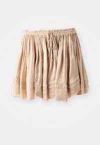 Lichtbeige, gelaagde rok van zachte stof met een elastische tailleband en een verstelbaar treksnoer, met subtiele plooien en gestikte accenten.