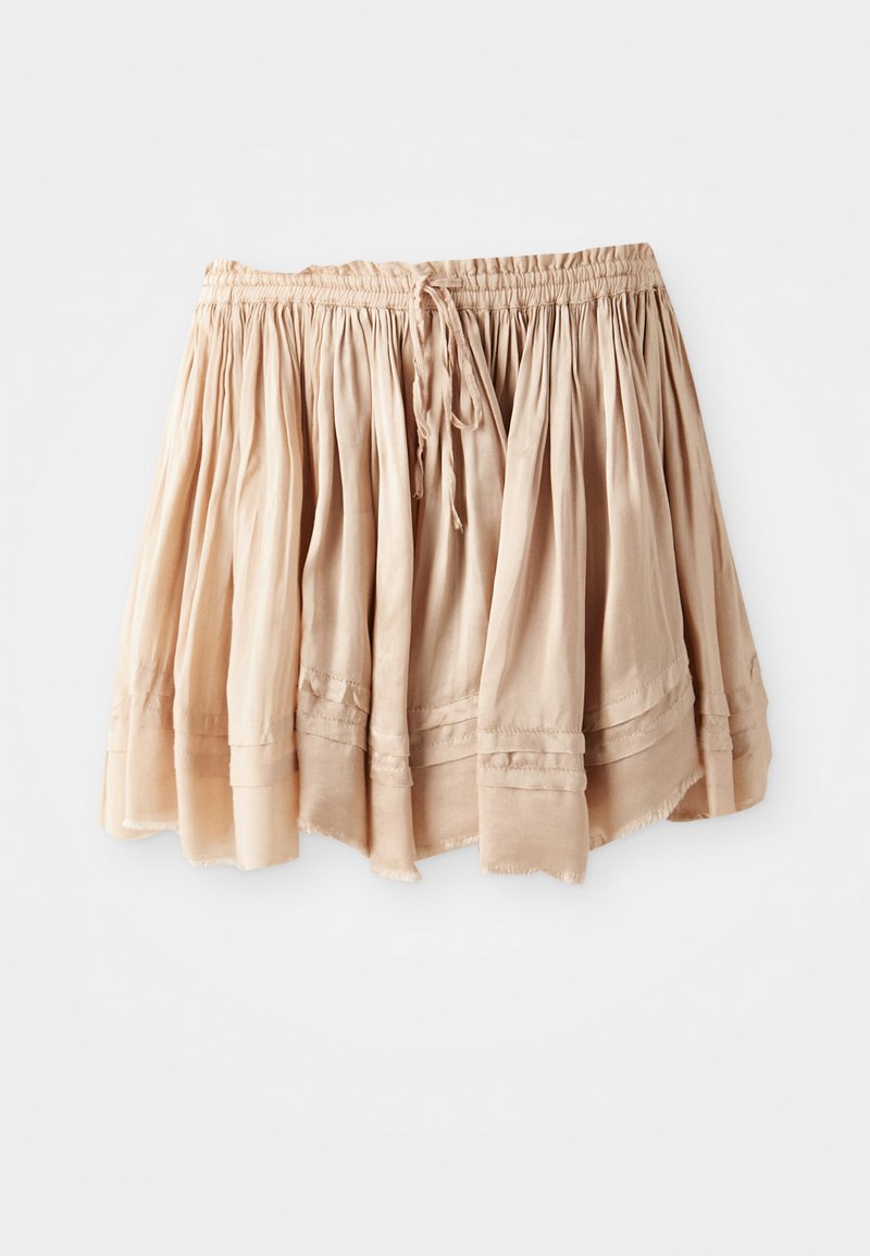 Lichtbeige, gelaagde rok van zachte stof met een elastische tailleband en een verstelbaar treksnoer, met subtiele plooien en gestikte accenten.