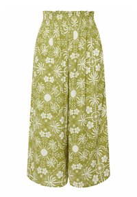 Gröna, vida byxor med blommigt och solmönster i vitt. Har ett elastiskt midjeband för komfort. Materialet verkar vara lätt.