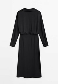 Robe midi noire à manches longues avec col et poignets boutonnés, détail taille froncée, vue de dos sur fond blanc.