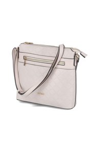 Helles rosa synthetisches Handtasche mit zwei Reißverschlussfächern, verstellbarem Schultergurt und goldfarbener Hardware. Mit eingeprägtem Logo-Design.