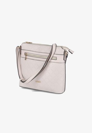 Helles rosa synthetisches Handtasche mit zwei Reißverschlussfächern, verstellbarem Schultergurt und goldfarbener Hardware. Mit eingeprägtem Logo-Design.