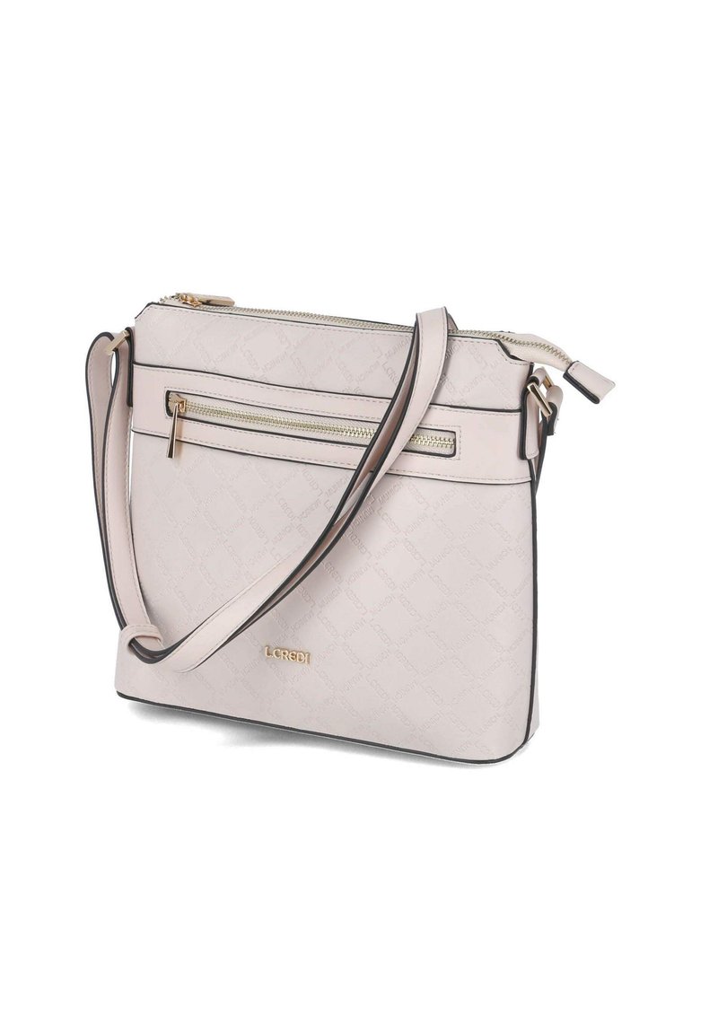 Helles rosa synthetisches Handtasche mit zwei Reißverschlussfächern, verstellbarem Schultergurt und goldfarbener Hardware. Mit eingeprägtem Logo-Design.