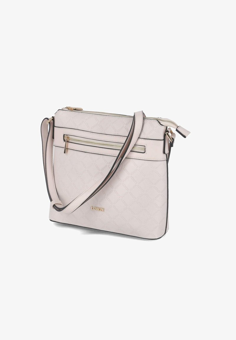 Helles rosa synthetisches Handtasche mit zwei Reißverschlussfächern, verstellbarem Schultergurt und goldfarbener Hardware. Mit eingeprägtem Logo-Design.