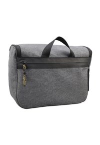 Šedá textilní toaletní taška s vrchním uchem, černým plastovým zipem a texturovaným povrchem. Obsahuje přední kapsu se zipem.