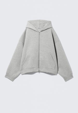 Gray zip-up hoodie made of soft fabric. Features a hood, long sleeves, and two front pockets. Relaxed fit with ribbed cuffs and hem.
