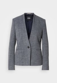 Blazer gris à chevrons à un bouton, manches longues et doublure intérieure noire, étiquette BOSS sur le col.