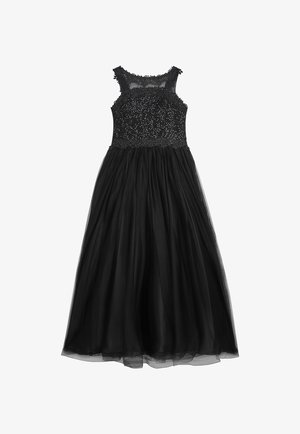 Schwarzes Kleid mit einem taillierten, mit Perlen besetzten Oberteil und einem voluminösen Tüllrock. Verfügt über einen floralen Spitzensaum und breite Träger an den Schultern.