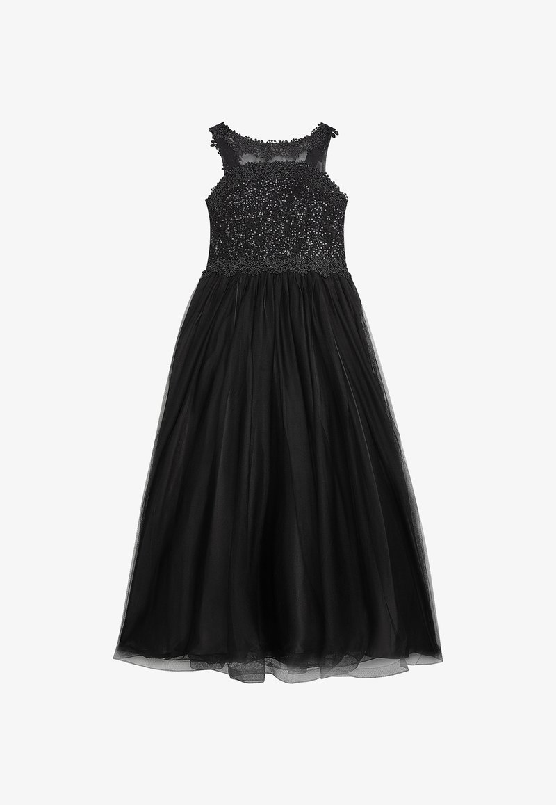 Schwarzes Kleid mit einem taillierten, mit Perlen besetzten Oberteil und einem voluminösen Tüllrock. Verfügt über einen floralen Spitzensaum und breite Träger an den Schultern.