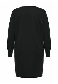 Vestito nero oversize realizzato in tessuto morbido, con scollo rotondo, maniche lunghe a sbuffo e tasche laterali per un comfort extra.