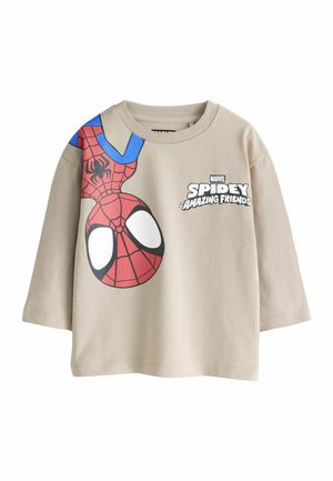 Beżowa koszula z długim rękawem z dużą odwróconą twarzą Spider-Mana i tekstem "Marvel Spidey and His Amazing Friends" z przodu.