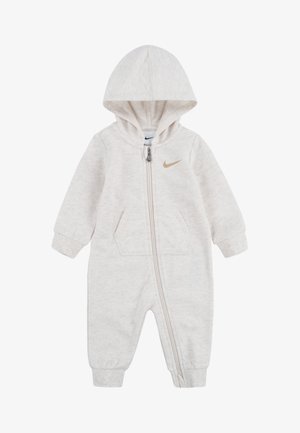 Ανοιχτό γκρι φορμάκι για νήπια με κουκούλα, φερμουάρ μπροστά, τσέπες καγκουρό και διακριτικό χρυσό λογότυπο Nike στο στήθος. Απαλό, υφασμένο ύφασμα.