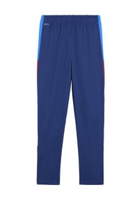 Marineblaue Sporthose mit hellblauen und roten Seiteneinsätzen, elastischem Bund und "DRYCELL"-Logo in der Nähe des Bundes auf einfarbigem Hintergrund.