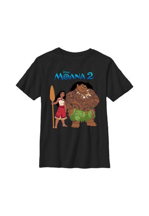 Sort t-shirt med Moana, der holder en pagaj, og Maui med tatoveringer og blads nederdel, med blå "Moana 2" tekst over dem.