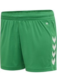 Pantalones cortos verdes de material liviano; cuentan con una textura suave, cinturilla elástica y acentos en forma de chevron blancos en los lados.