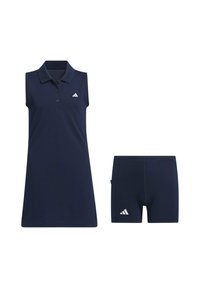 Mörkblå ärmlös polo-klänning med krage och tre knappar framtill, tillsammans med matchande shorts med Adidas-logotyp och sidoficka.