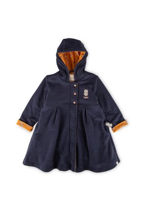 Marineblaues Kapuzenkleid mit orangefarbenem gemustertem Futter, Knopfverschluss und Eulenstickerei. Verfügt über Taschen und einen plissierten Rock für mehr Volumen.