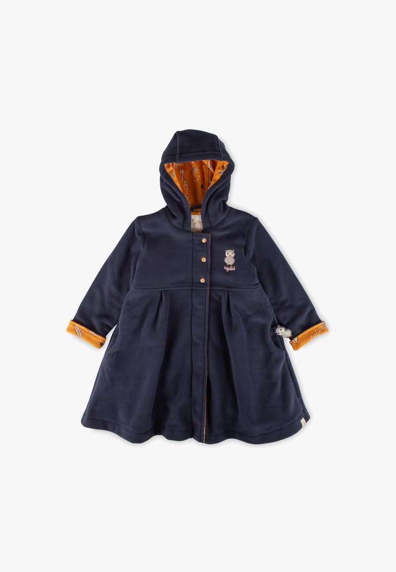 Marineblaues Kapuzenkleid mit orangefarbenem gemustertem Futter, Knopfverschluss und Eulenstickerei. Verfügt über Taschen und einen plissierten Rock für mehr Volumen.