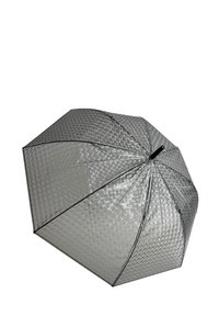 Transparenter Regenschirm mit einem strukturierten, diamantförmigen Schirmdach, schwarzem Rand und einem zentralen Stützrippen. Leichtes und kompaktes Design.