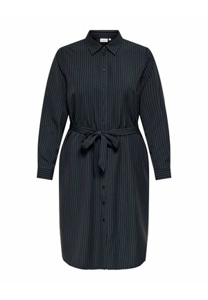 Czarna sukienka koszulowa z długim rękawem, w niebieskie pionowe paski, z zapięciem na guziki z przodu, kołnierzykiem i paskiem do związania w talii.