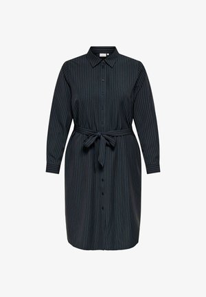 Abito camicia nero a maniche lunghe con righe verticali blu, apertura con bottoni, colletto e cintura a fiocco in vita.