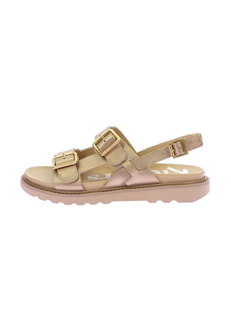 Gold-tone sandal with double buckle straps, padded insole, and a textured rubber outsole. Open design and low-profile heel.