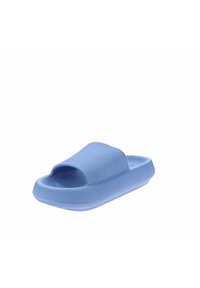 Sandal in tessuto blu chiaro con tomaia testurizzata, punta aperta e tacco leggermente rialzato. Materiale in gomma che offre flessibilità e comfort.