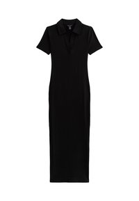 Schwarzes, geripptes Midi-Kleid mit Polo-Kragen, kurzen Ärmeln und taillierter Silhouette. Glatte Textur und durchgehend einfarbig.