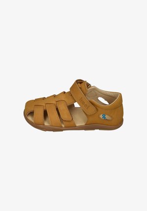 Brown leather children's sandal with adjustable velcro straps and open toe and heel for breathability and comfort.